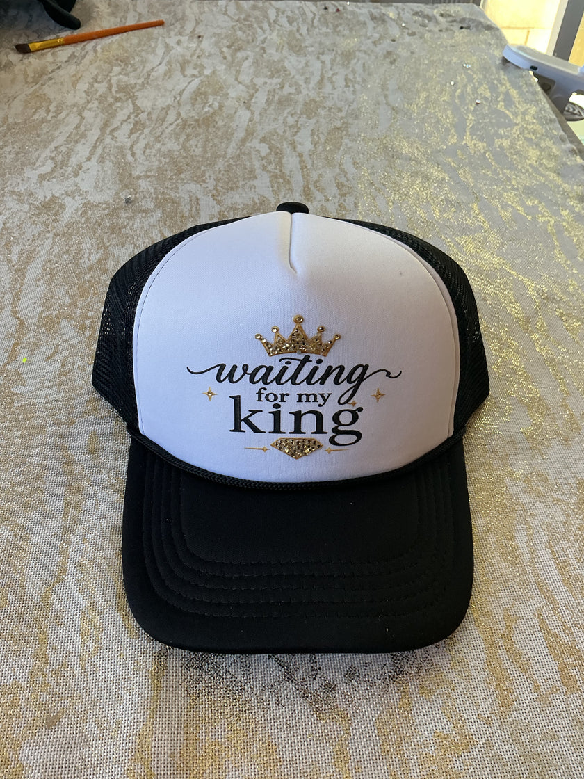 Waiting for my king black and white trucker hat